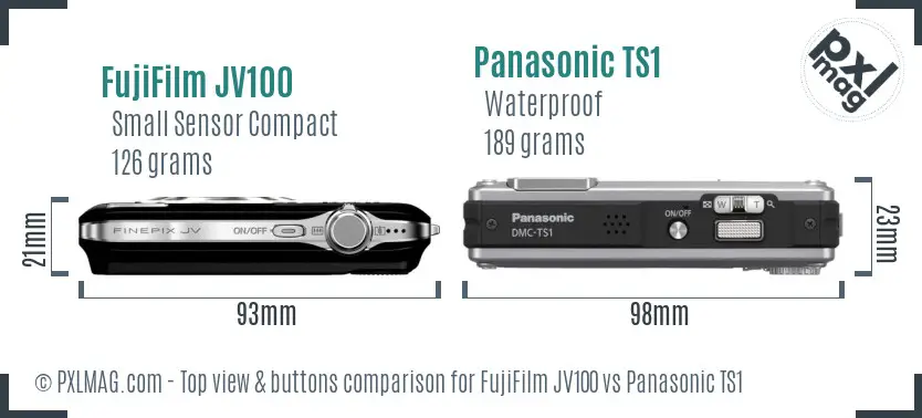FujiFilm JV100 vs Panasonic TS1 top view buttons comparison FujiFilm JV100 vs Panasonic TS1 top view buttons comparison