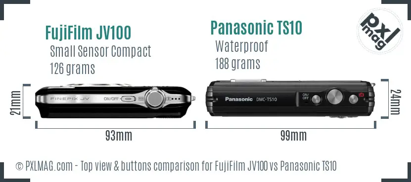 FujiFilm JV100 vs Panasonic TS10 top view buttons comparison FujiFilm JV100 vs Panasonic TS10 top view buttons comparison