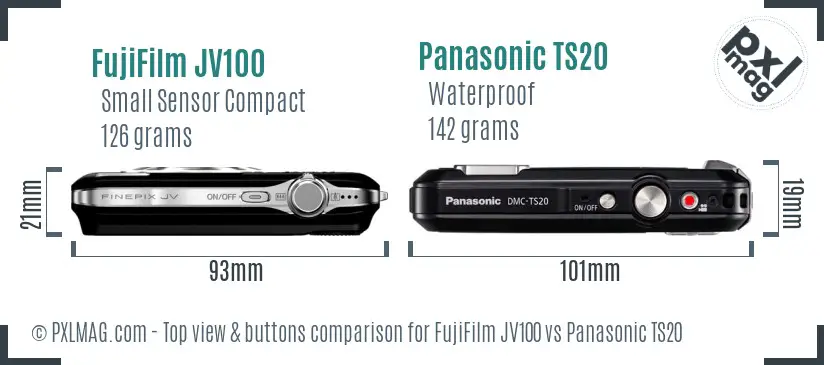 FujiFilm JV100 vs Panasonic TS20 top view buttons comparison