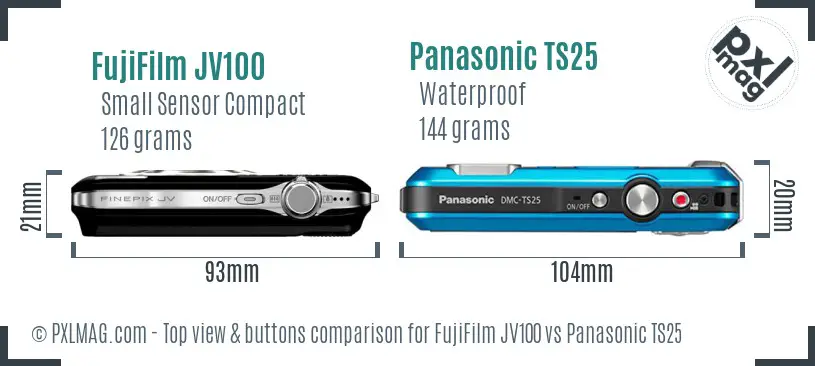 FujiFilm JV100 vs Panasonic TS25 top view buttons comparison FujiFilm JV100 vs Panasonic TS25 top view buttons comparison