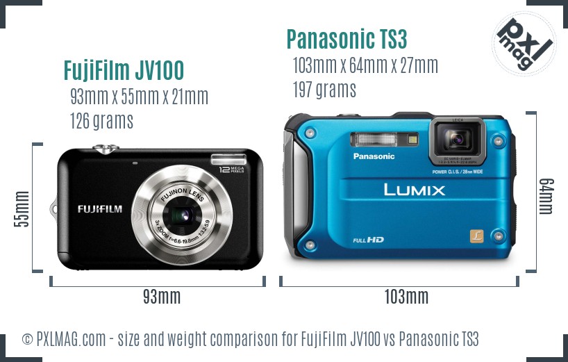 FujiFilm JV100 vs Panasonic TS3 size comparison FujiFilm JV100 vs Panasonic TS3 size comparison