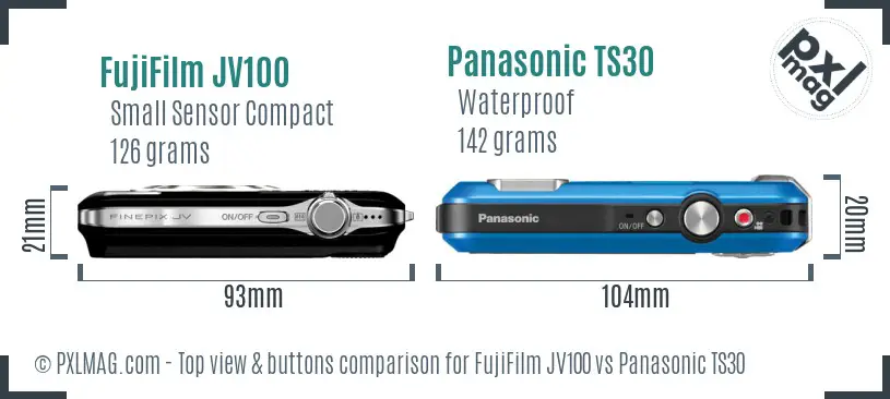 FujiFilm JV100 vs Panasonic TS30 top view buttons comparison