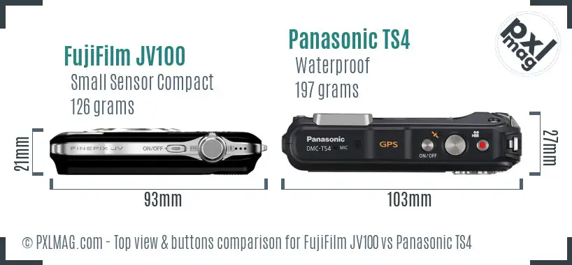 FujiFilm JV100 vs Panasonic TS4 top view buttons comparison