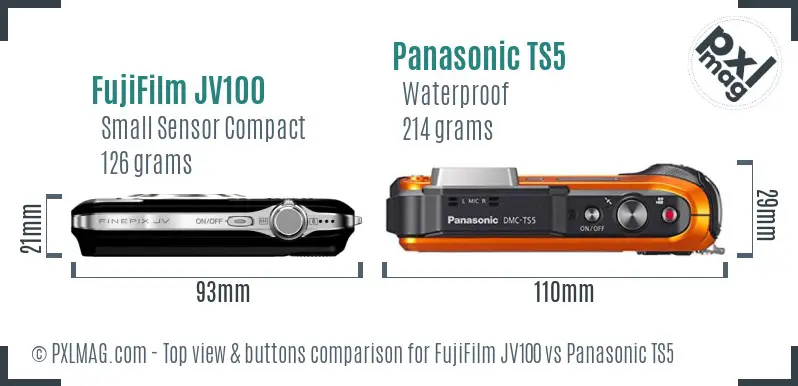 FujiFilm JV100 vs Panasonic TS5 top view buttons comparison