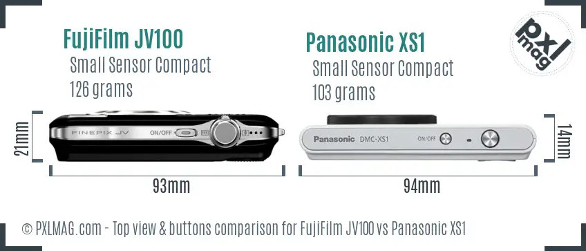 FujiFilm JV100 vs Panasonic XS1 top view buttons comparison FujiFilm JV100 vs Panasonic XS1 top view buttons comparison
