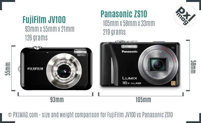 FujiFilm JV100 vs Panasonic ZS10 size comparison FujiFilm JV100 vs Panasonic ZS10 size comparison