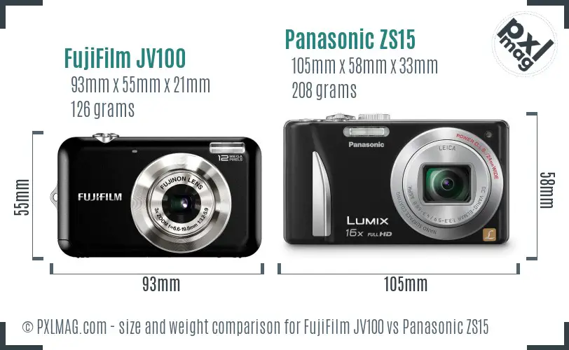 FujiFilm JV100 vs Panasonic ZS15 size comparison