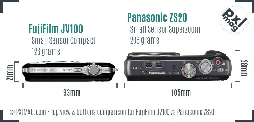 FujiFilm JV100 vs Panasonic ZS20 top view buttons comparison
