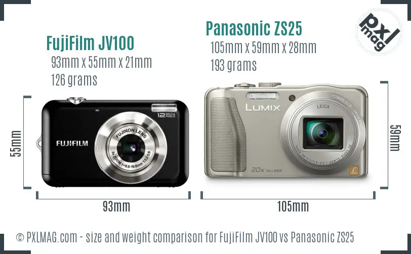 FujiFilm JV100 vs Panasonic ZS25 size comparison