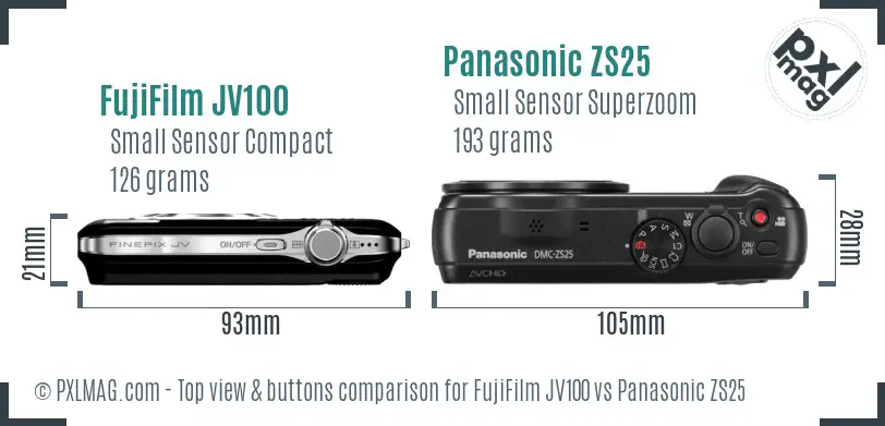 FujiFilm JV100 vs Panasonic ZS25 top view buttons comparison