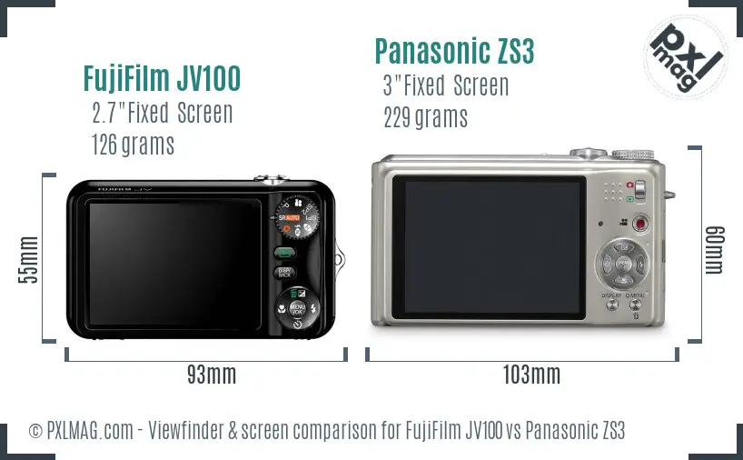 FujiFilm JV100 vs Panasonic ZS3 Screen and Viewfinder comparison