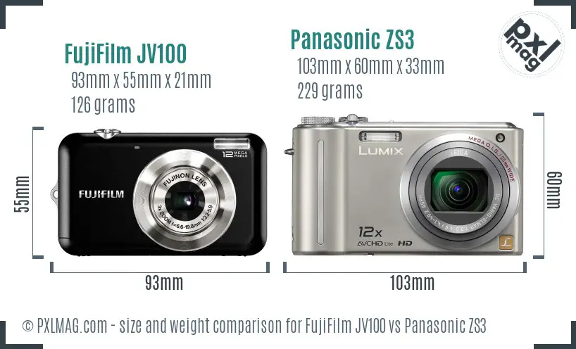 FujiFilm JV100 vs Panasonic ZS3 size comparison