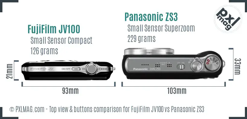 FujiFilm JV100 vs Panasonic ZS3 top view buttons comparison