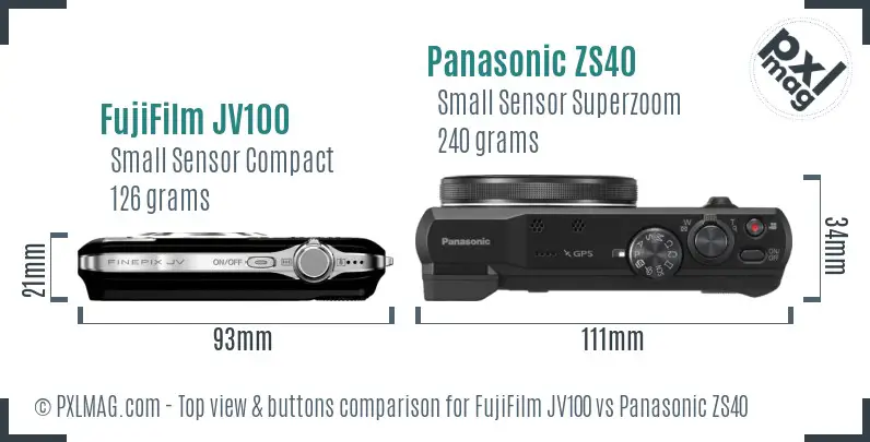 FujiFilm JV100 vs Panasonic ZS40 top view buttons comparison FujiFilm JV100 vs Panasonic ZS40 top view buttons comparison