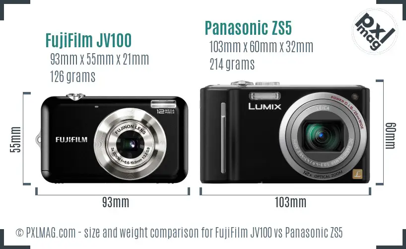 FujiFilm JV100 vs Panasonic ZS5 size comparison
