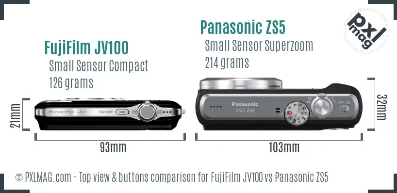 FujiFilm JV100 vs Panasonic ZS5 top view buttons comparison