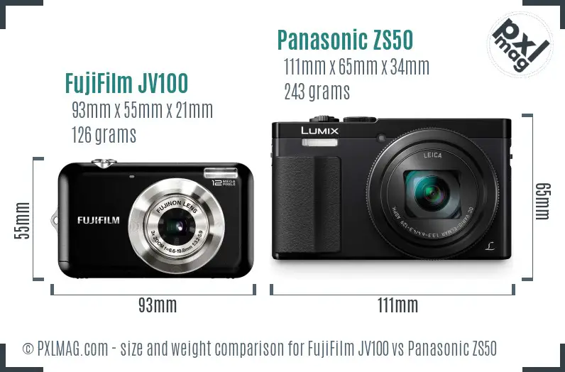 FujiFilm JV100 vs Panasonic ZS50 size comparison