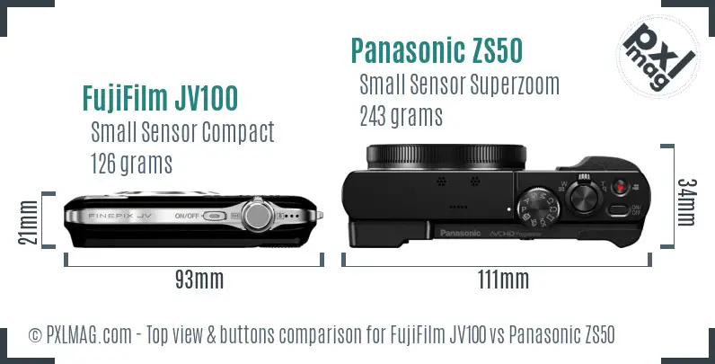 FujiFilm JV100 vs Panasonic ZS50 top view buttons comparison