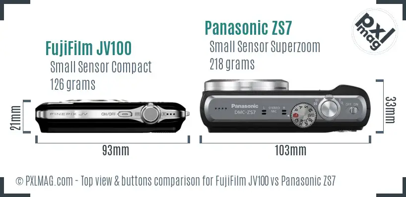 FujiFilm JV100 vs Panasonic ZS7 top view buttons comparison