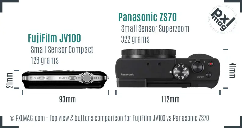 FujiFilm JV100 vs Panasonic ZS70 top view buttons comparison