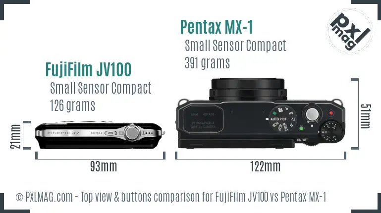 FujiFilm JV100 vs Pentax MX-1 top view buttons comparison