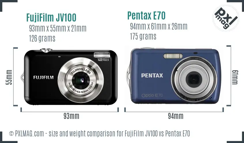 FujiFilm JV100 vs Pentax E70 size comparison