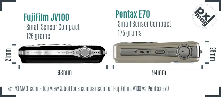 FujiFilm JV100 vs Pentax E70 top view buttons comparison
