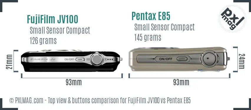 FujiFilm JV100 vs Pentax E85 top view buttons comparison
