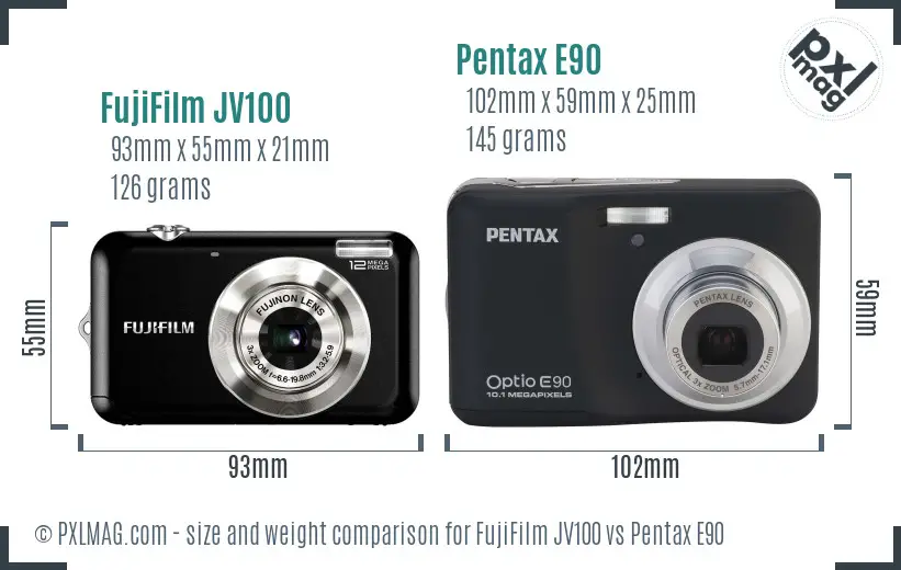 FujiFilm JV100 vs Pentax E90 size comparison