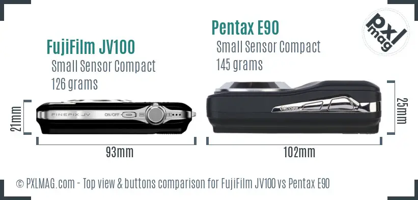 FujiFilm JV100 vs Pentax E90 top view buttons comparison