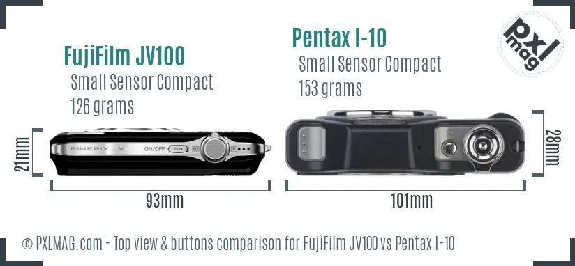 FujiFilm JV100 vs Pentax I-10 top view buttons comparison FujiFilm JV100 vs Pentax I-10 top view buttons comparison