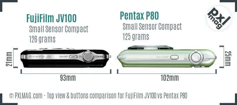 FujiFilm JV100 vs Pentax P80 top view buttons comparison