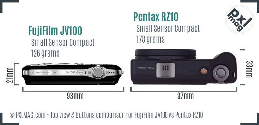 FujiFilm JV100 vs Pentax RZ10 top view buttons comparison