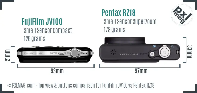 FujiFilm JV100 vs Pentax RZ18 top view buttons comparison