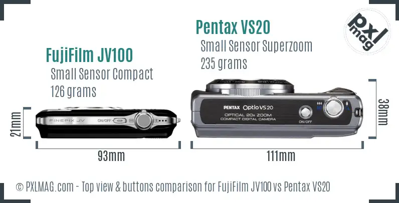 FujiFilm JV100 vs Pentax VS20 top view buttons comparison FujiFilm JV100 vs Pentax VS20 top view buttons comparison