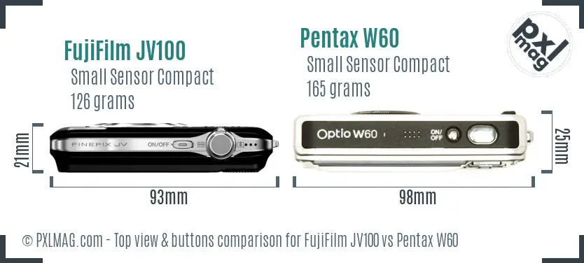 FujiFilm JV100 vs Pentax W60 top view buttons comparison FujiFilm JV100 vs Pentax W60 top view buttons comparison