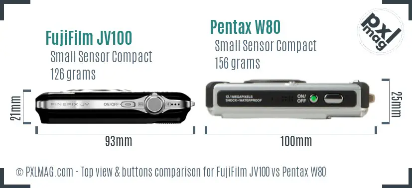 FujiFilm JV100 vs Pentax W80 top view buttons comparison FujiFilm JV100 vs Pentax W80 top view buttons comparison