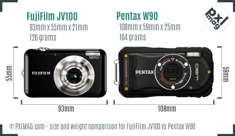 FujiFilm JV100 vs Pentax W90 size comparison