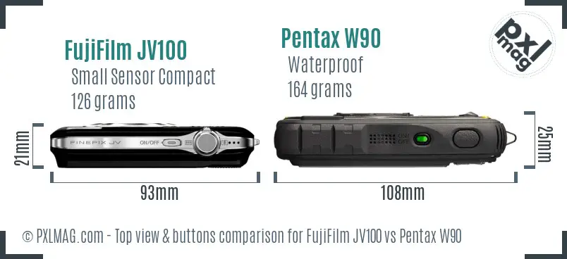 FujiFilm JV100 vs Pentax W90 top view buttons comparison