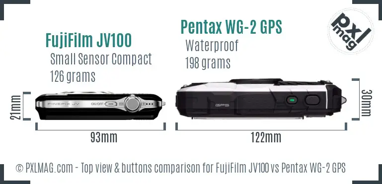 FujiFilm JV100 vs Pentax WG-2 GPS top view buttons comparison FujiFilm JV100 vs Pentax WG-2 GPS top view buttons comparison