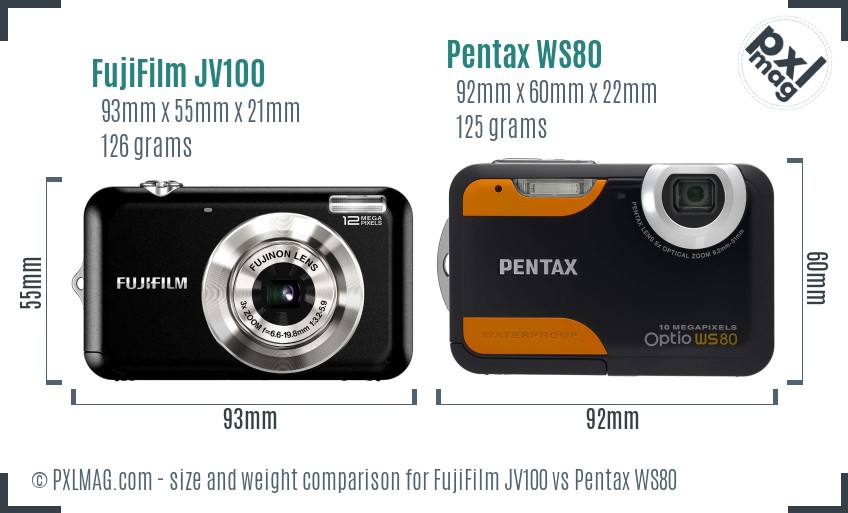 FujiFilm JV100 vs Pentax WS80 size comparison