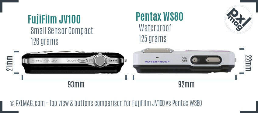 FujiFilm JV100 vs Pentax WS80 top view buttons comparison