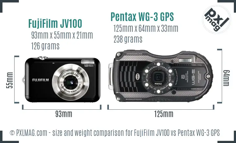 FujiFilm JV100 vs Pentax WG-3 GPS size comparison