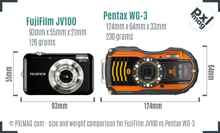 FujiFilm JV100 vs Pentax WG-3 size comparison