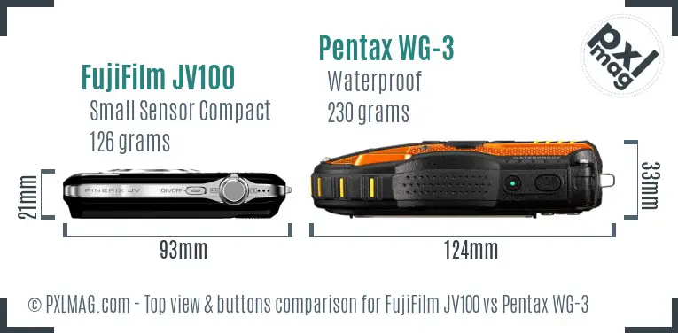 FujiFilm JV100 vs Pentax WG-3 top view buttons comparison
