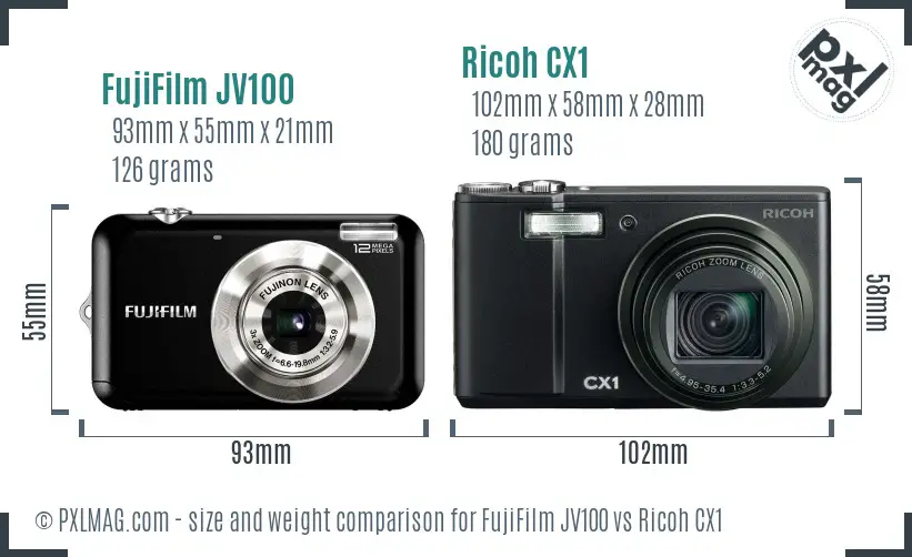 FujiFilm JV100 vs Ricoh CX1 size comparison