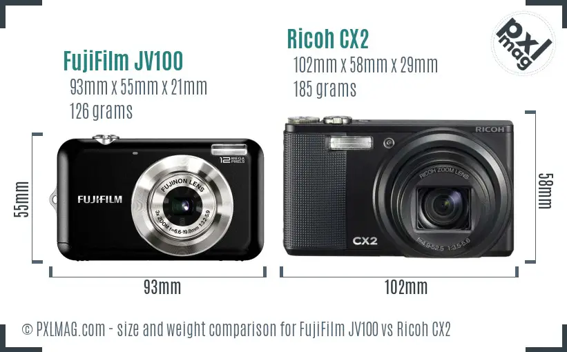 FujiFilm JV100 vs Ricoh CX2 size comparison