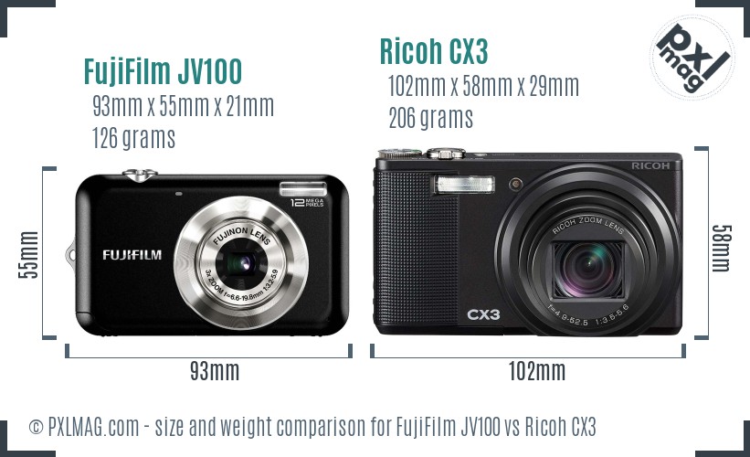FujiFilm JV100 vs Ricoh CX3 size comparison