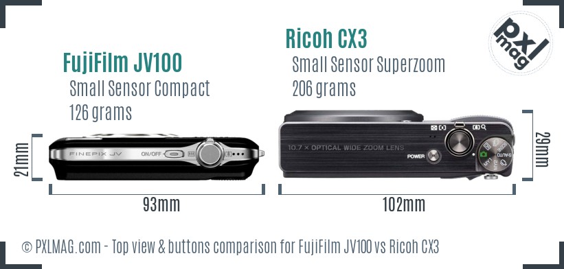 FujiFilm JV100 vs Ricoh CX3 top view buttons comparison
