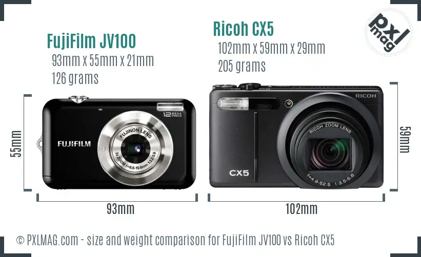 FujiFilm JV100 vs Ricoh CX5 size comparison